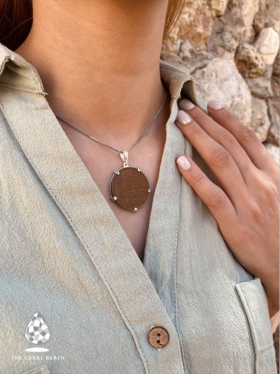 Palestinian coin 2 mil crown frame necklace