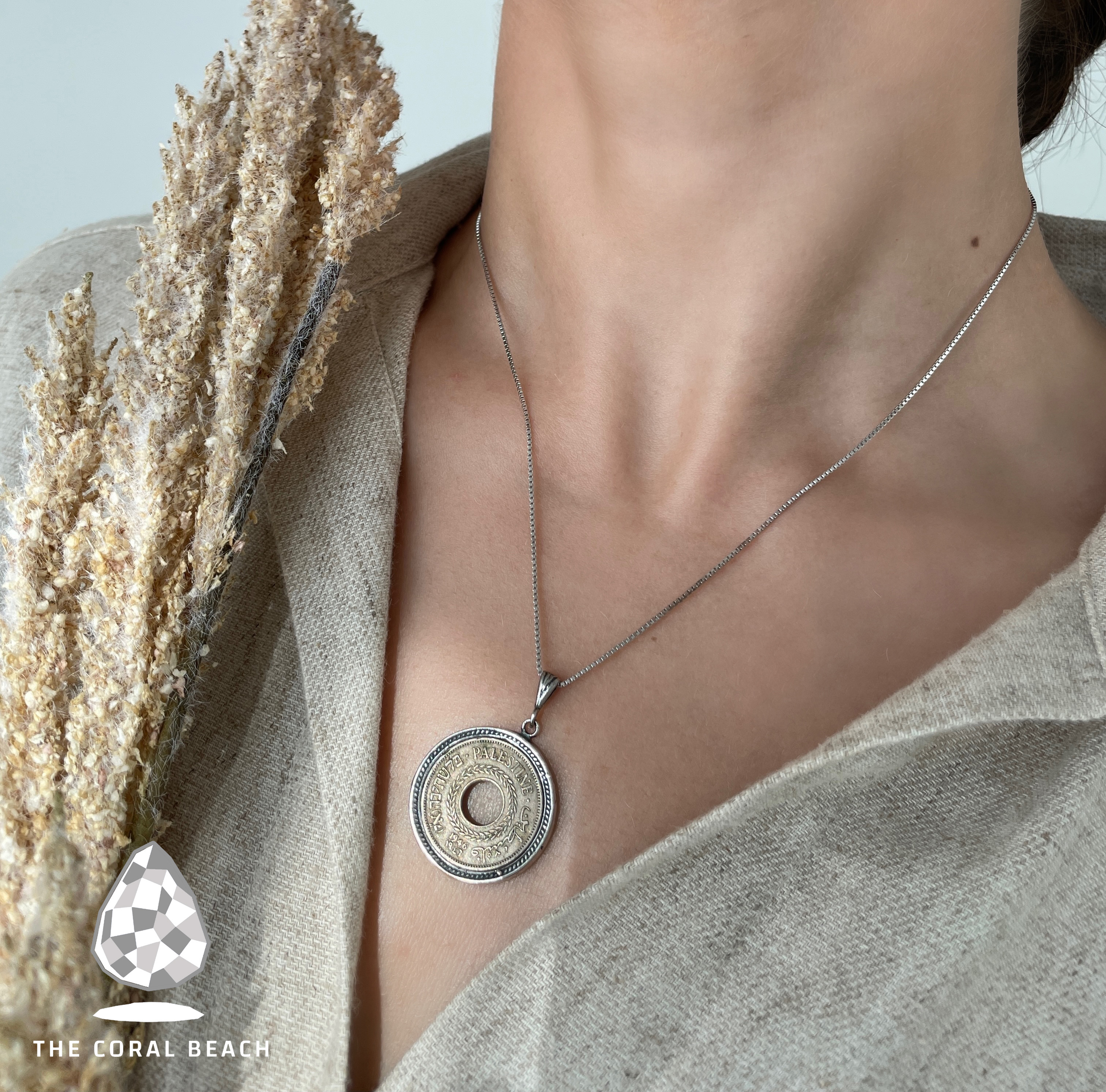 Palestinian coin 5 mil silver braided frame