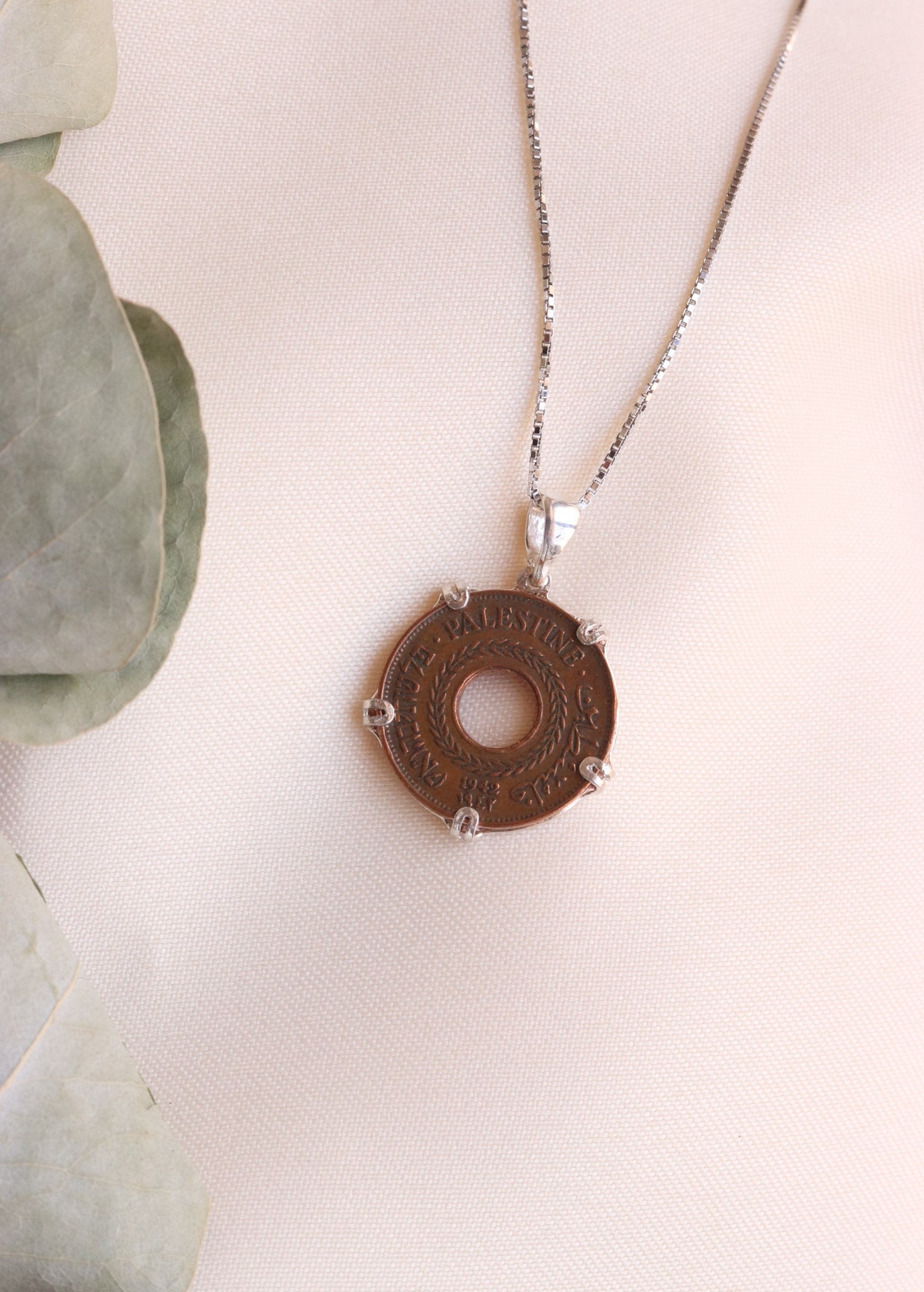 Palestinian coin 5 mil bronze crown frame necklace