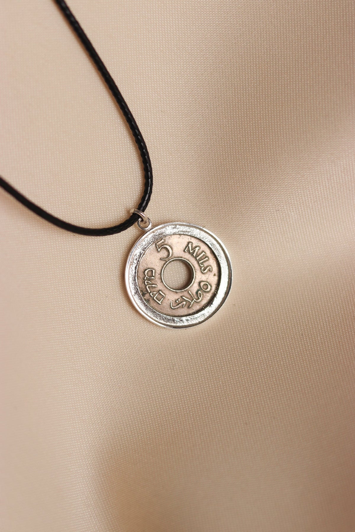 Palestinian coin 5 mil braided frame leather necklace