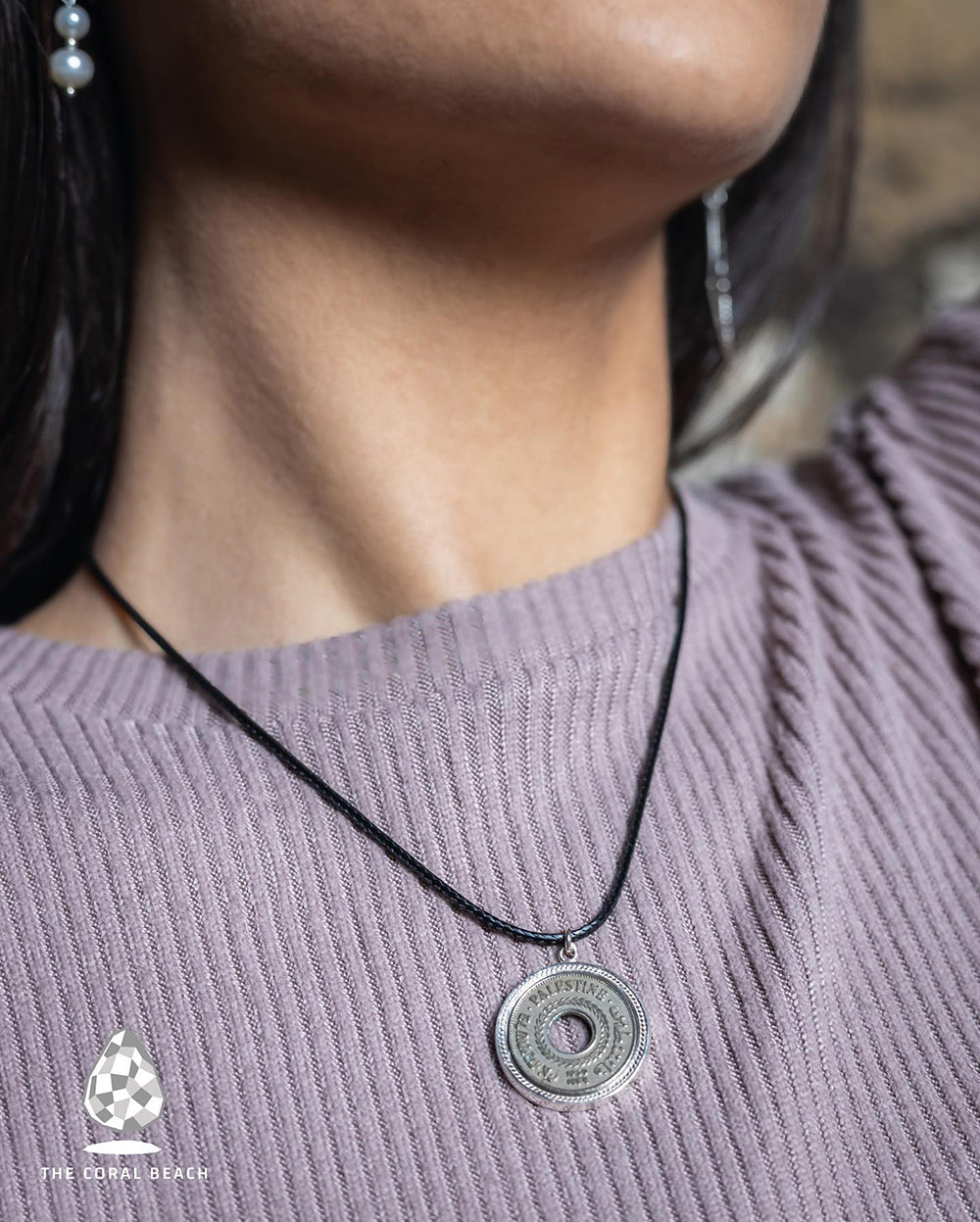 Palestinian coin 5 mil braided frame leather necklace