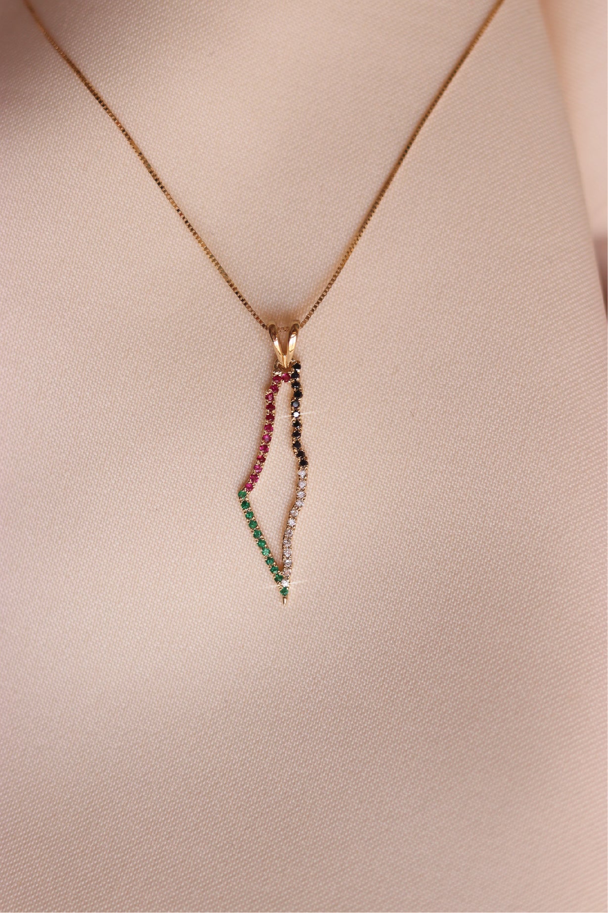 Palestine flag themed gold map frame with diamonds necklace