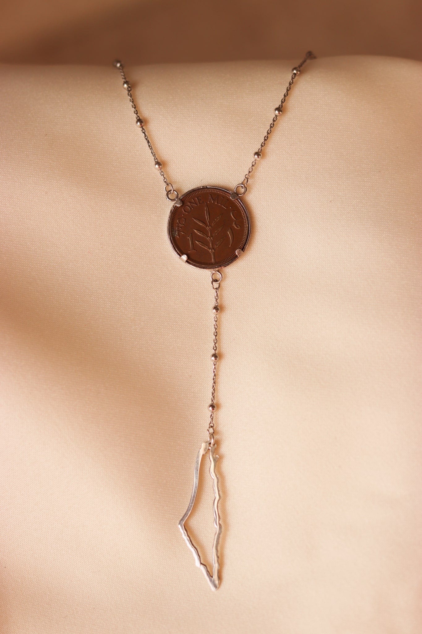 Palestinian coin 1 mil with Palestine map frame necklace