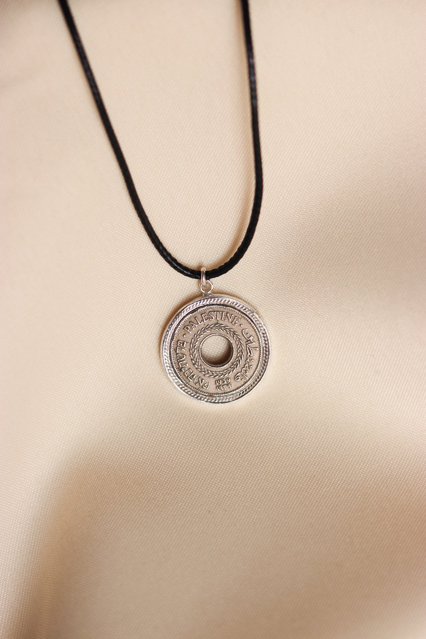 Palestinian coin 5 mil braided frame leather necklace