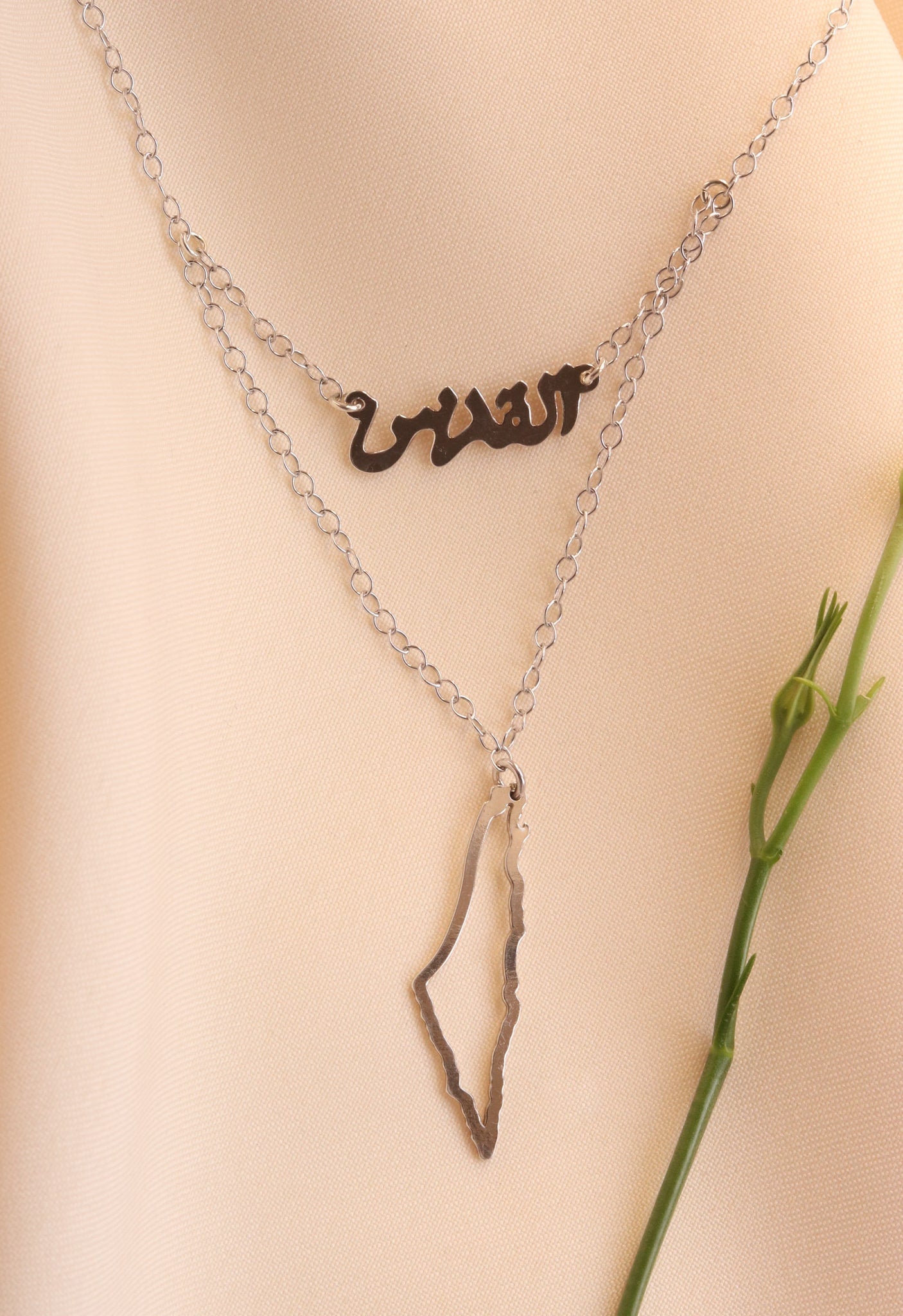 Layered pendant Palestine map & Jerusalem word in Arabic necklace